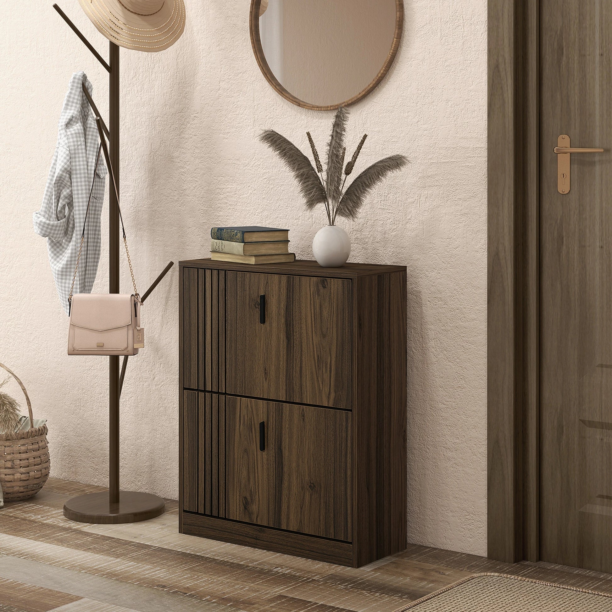 Shoe Storage Cabinet, 12 Pairs, 2 Flip Drawers, Adjustable Shelves, Walnut Shoe Storage Cabinets & Racks at Gallery Canada