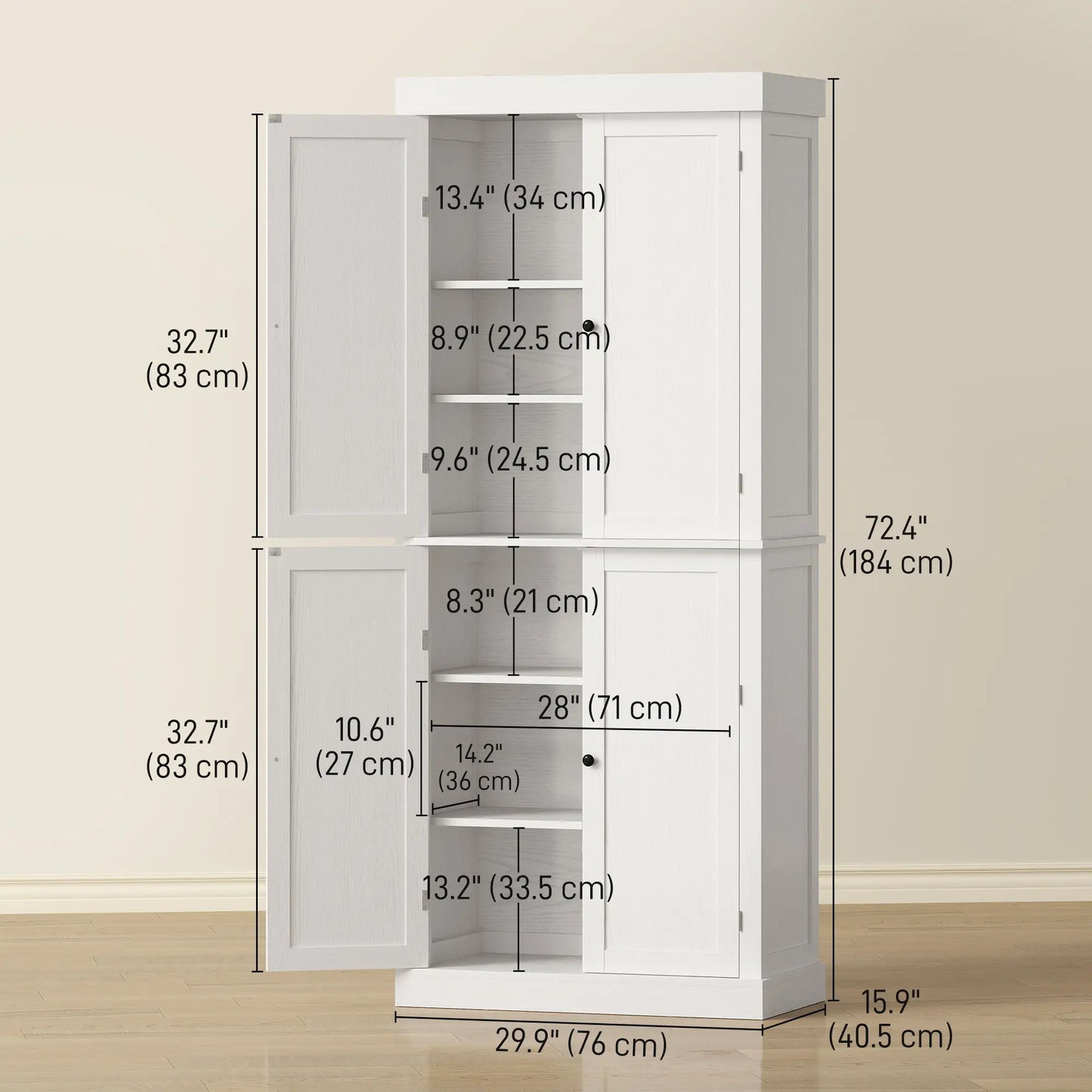72.5" Freestanding Kitchen Pantry Cabinet, 4 Doors, White Kitchen Pantry Cabinets at Gallery Canada