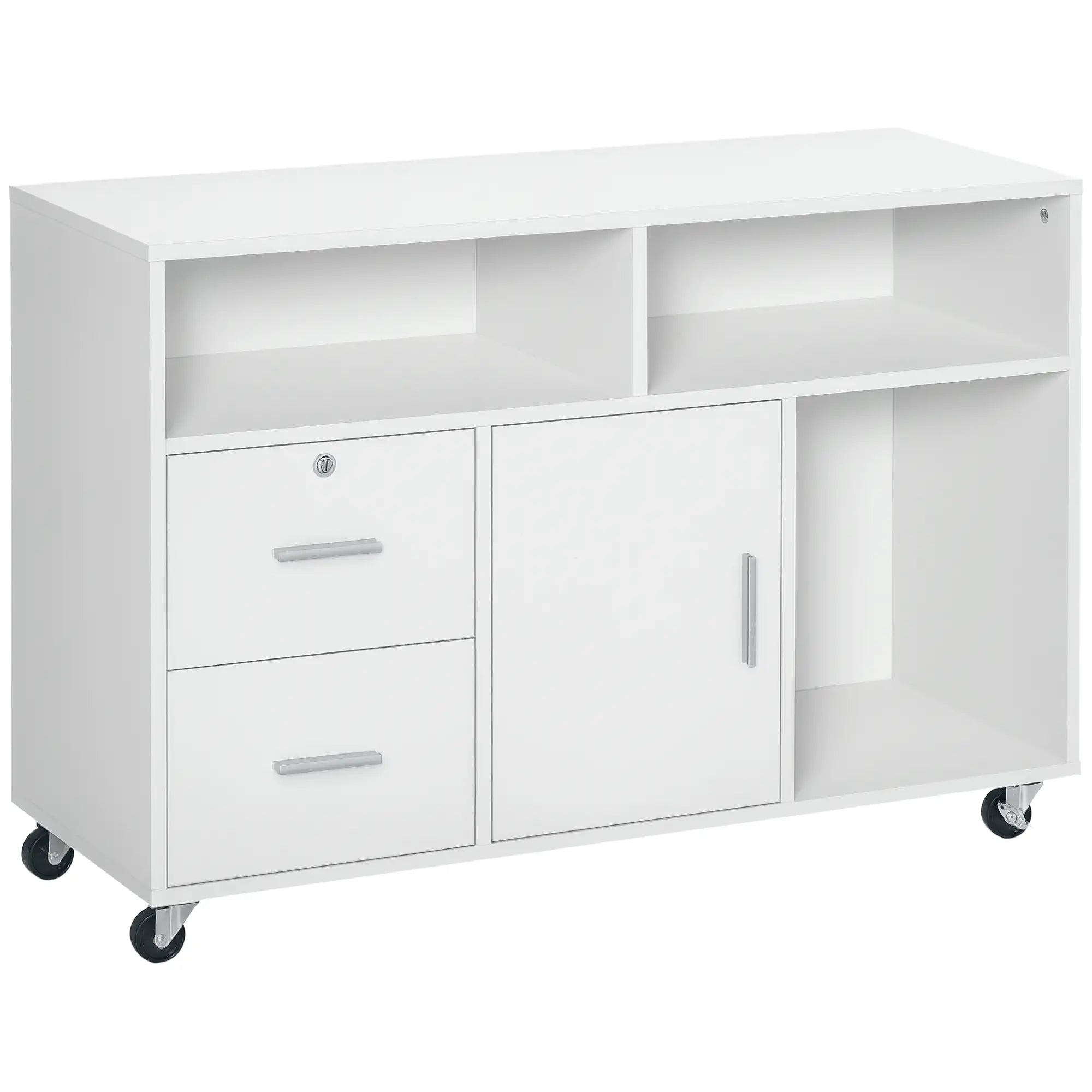 Lateral Filing Cabinet, Open Shelf, Mobile with Wheels, Lockable Drawer, White Office Cabinets & Cupboards White at Gallery Canada