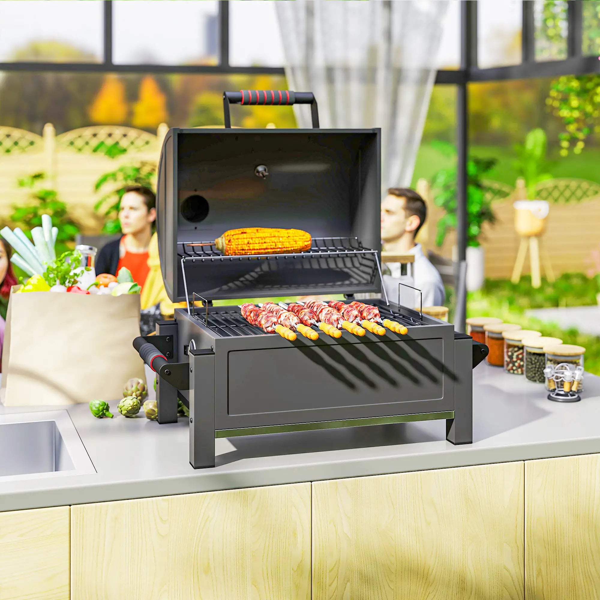 Portable Tabletop Charcoal Smoker, Ash Catcher, Thermometer, Black Charcoal BBQ Grils at Gallery Canada