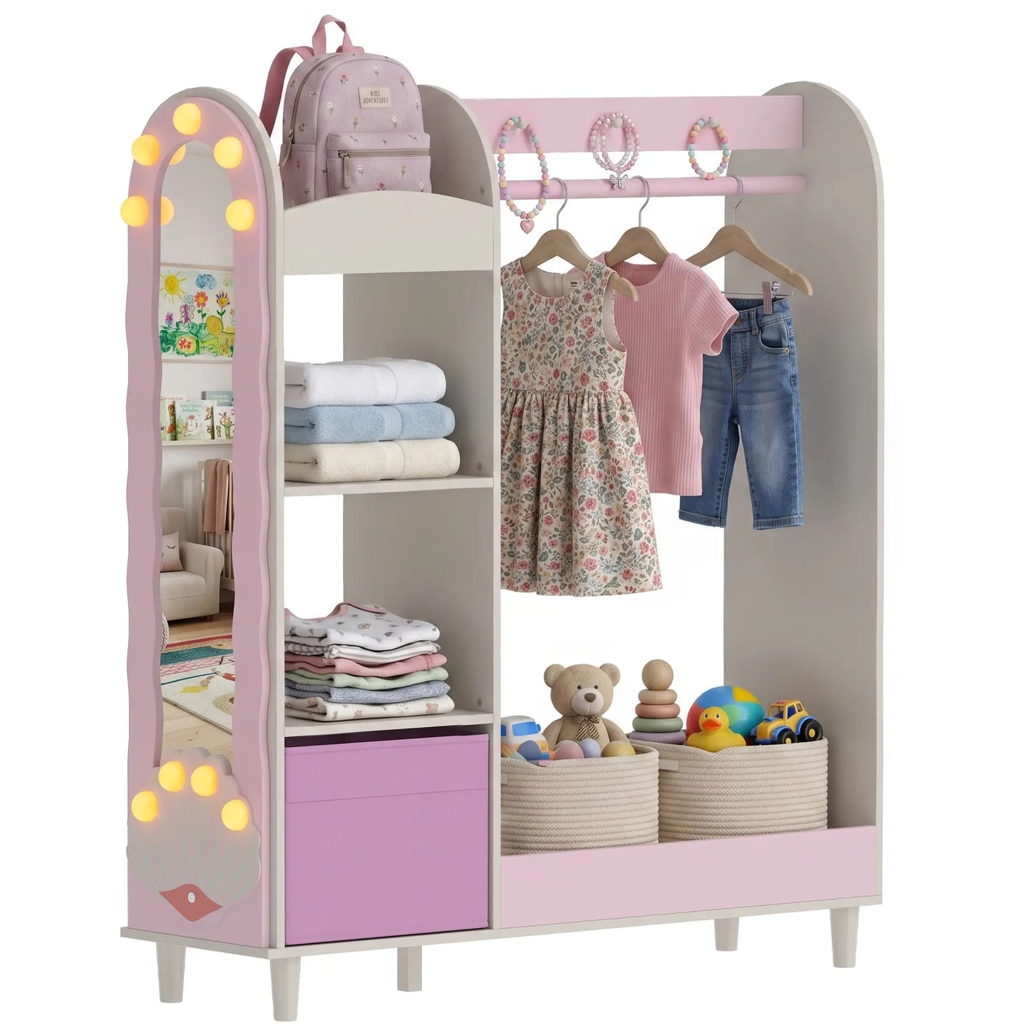 Portant à vêtements pour enfants avec miroir, tiroir et étagères, rose