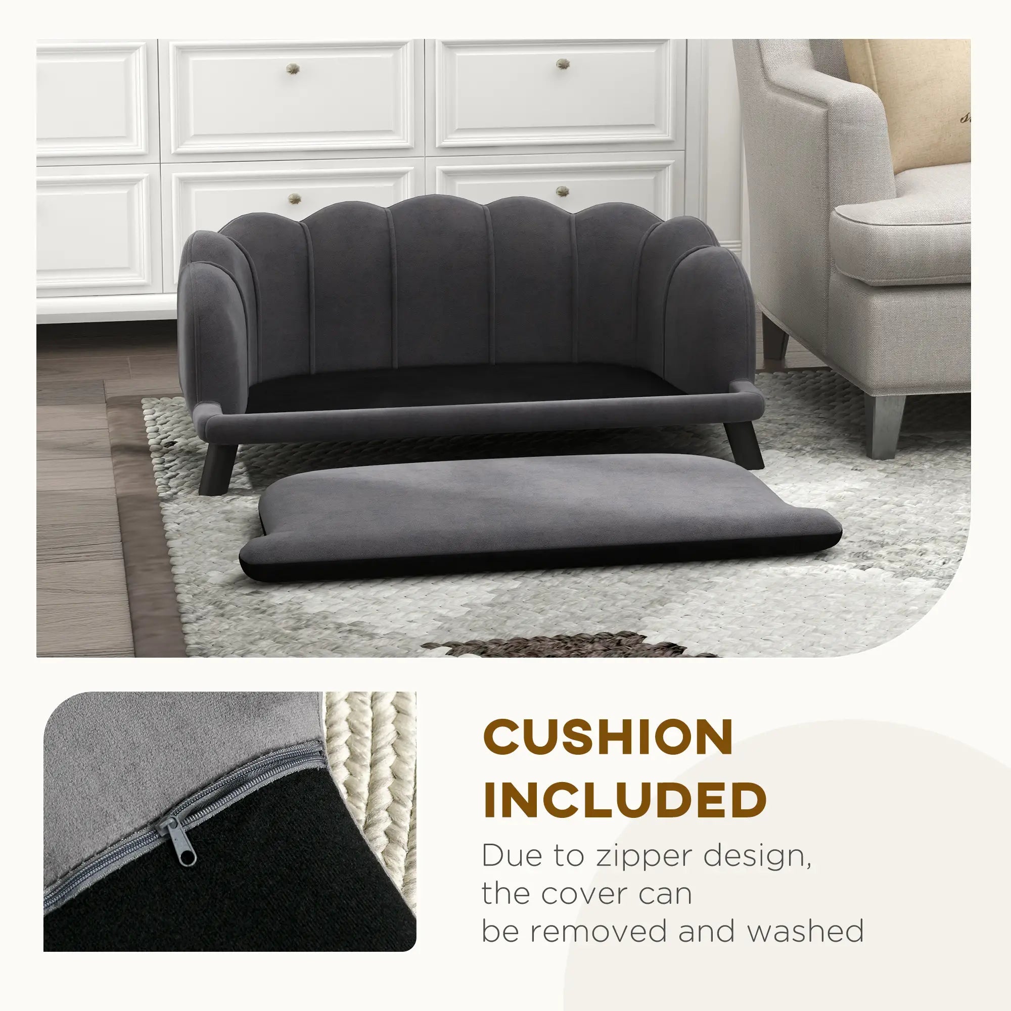 Dog Sofa, Removable Cushion, Wood Legs, Medium Large, Dark Grey Dog Sofas at Gallery Canada