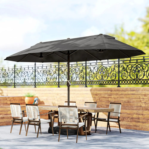 15' Outdoor Patio Umbrella, Twin Canopy Sunshade, Steel Table, Lift Crank, Dark Grey