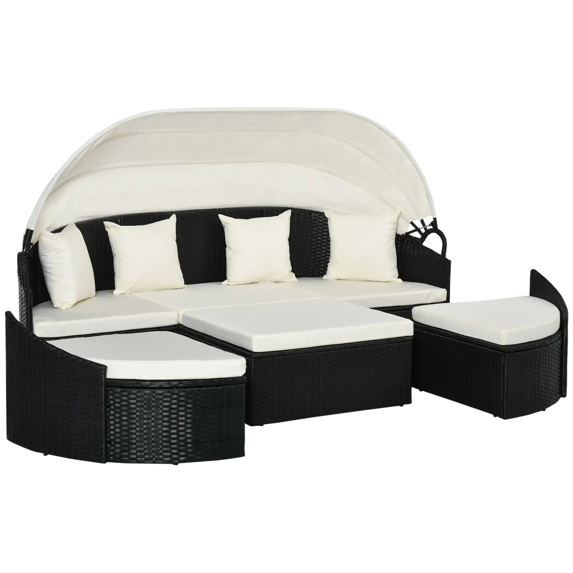 4-Piece PE Wicker Round Daybed, Outdoor Rattan Lounge Set, Cream Daybeds Black Rattan, Cream White Cushion at Gallery Canada