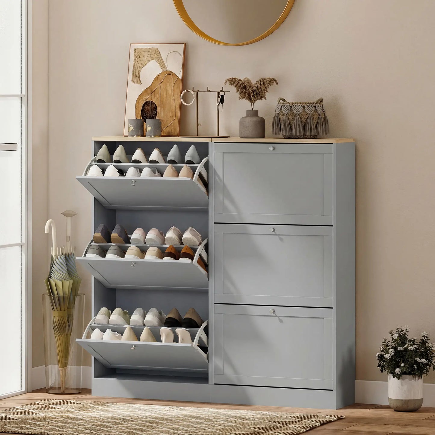 Modern Shoe Storage, 3 Flip Drawers, Adjustable Shelves, 18 Pairs, Grey Shoe Storage Cabinets & Racks at Gallery Canada