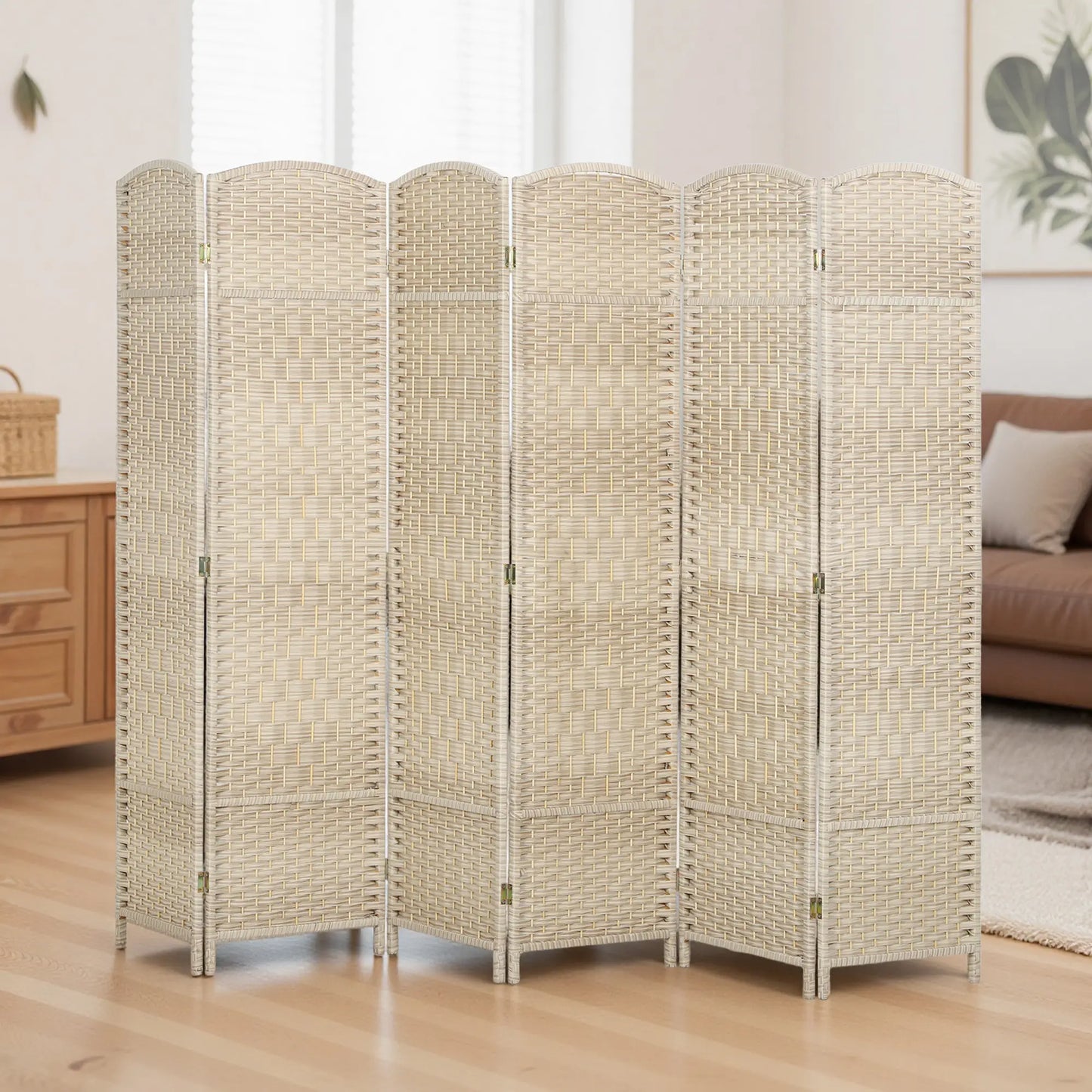 6 Ft Tall Folding Room Divider, 6 Panel Portable Privacy Screen, Light Oak