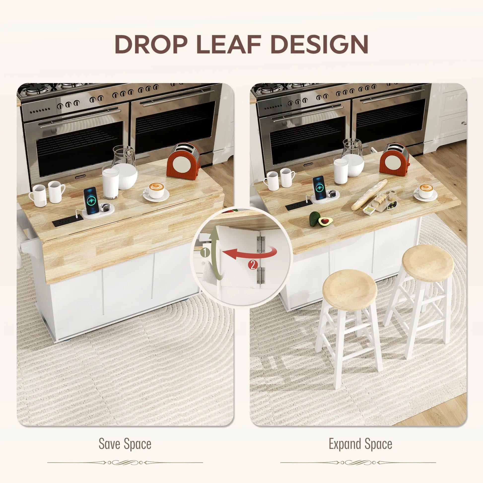 Kitchen Island on Wheels, Wood Drop Leaf, Charging Station, Adjustable Shelf, White Kitchen Islands & Kitchen Carts at Gallery Canada