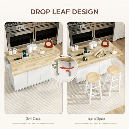 Kitchen Island on Wheels, Wood Drop Leaf, Charging Station, Adjustable Shelf, White Kitchen Islands & Kitchen Carts at Gallery Canada