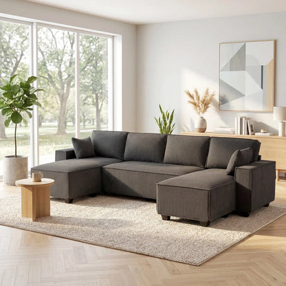 Modular U Shaped Sectional Sofa, Double Chaises, Spring Cushions, Dark Grey L Shaped Couchs at Gallery Canada