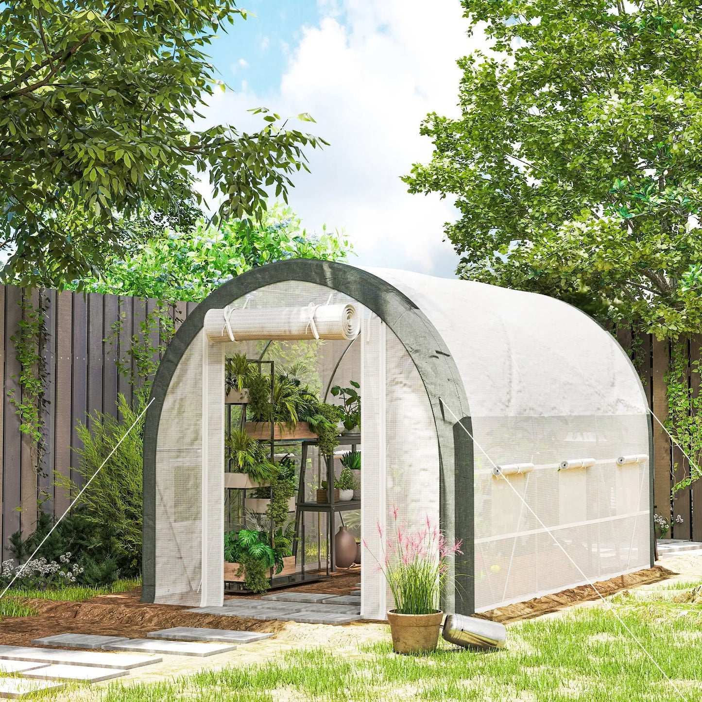 10'x6.6'x6.6' Tunnel Greenhouse, Mesh Door, Windows, Plant Labels, Gloves, White