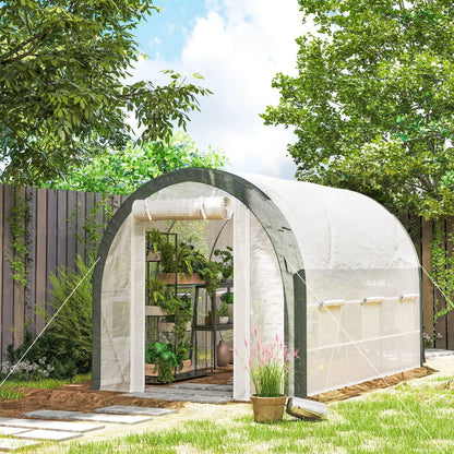 10'x6.6'x6.6' Tunnel Greenhouse, Mesh Door, Windows, Plant Labels, Gloves, White
