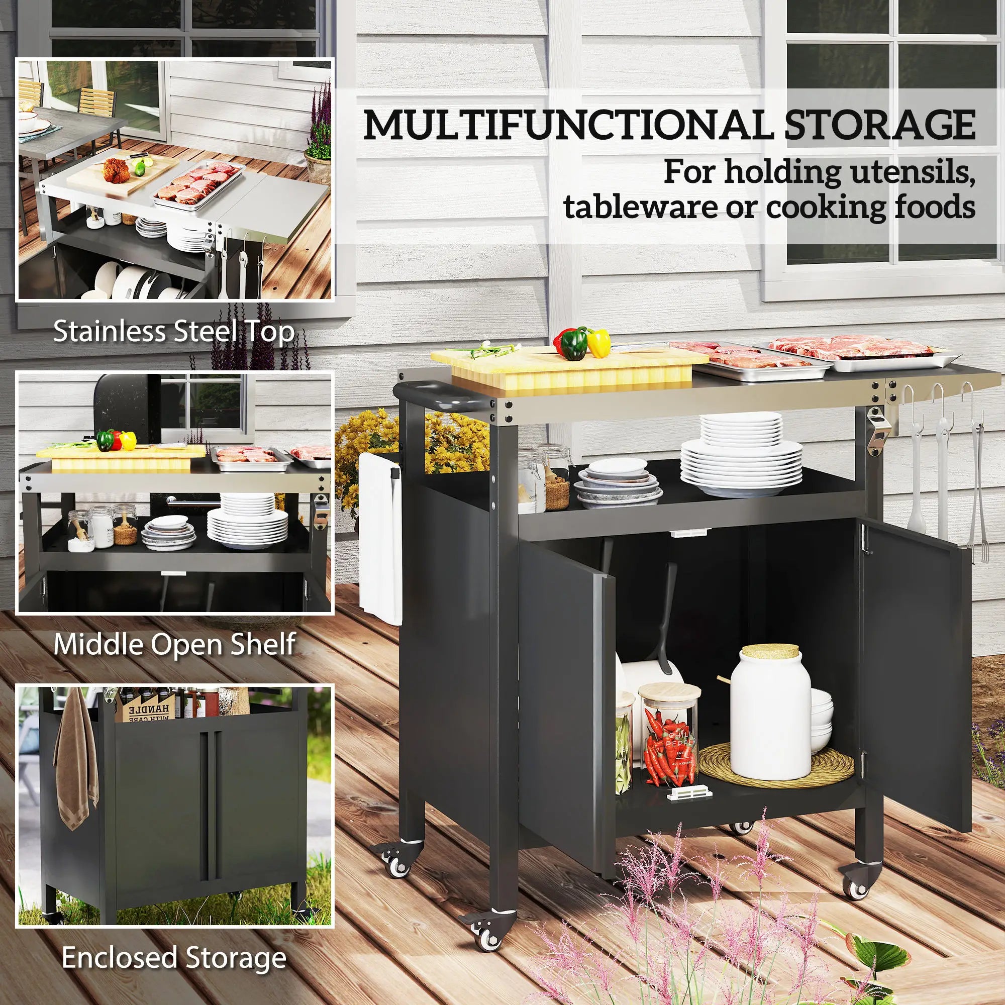 Outdoor Grill Cart Table With Foldable Side Table, 45.7
