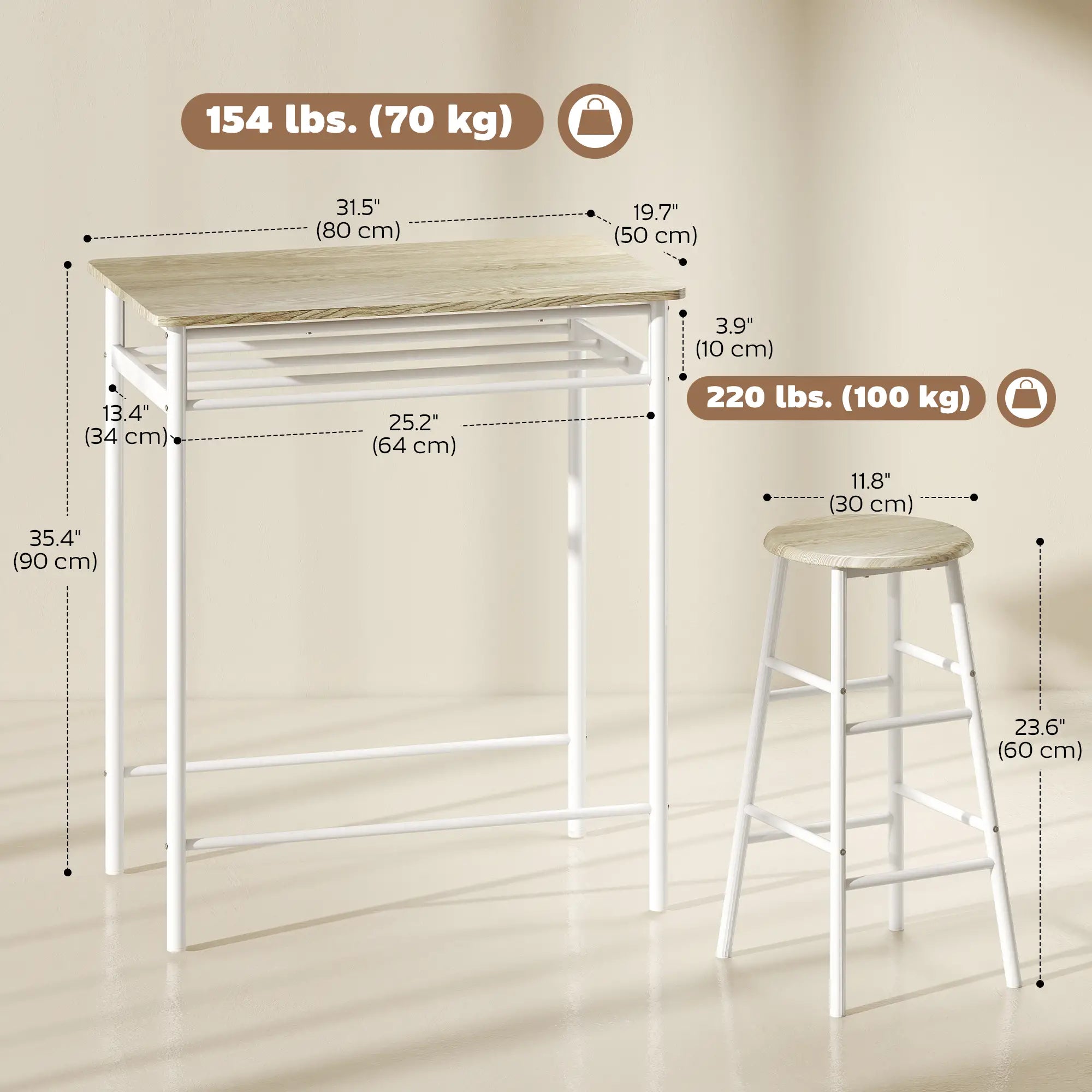 3-Piece Counter Height Bar Table Set, 1 Table 2 Stools, White Oak, White Bar Sets at Gallery Canada