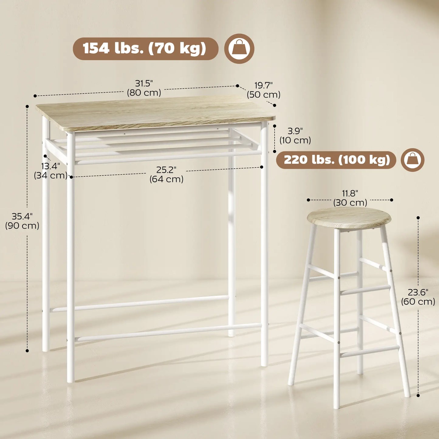 3-Piece Counter Height Bar Table Set, 1 Table 2 Stools, White Oak, White Bar Sets at Gallery Canada