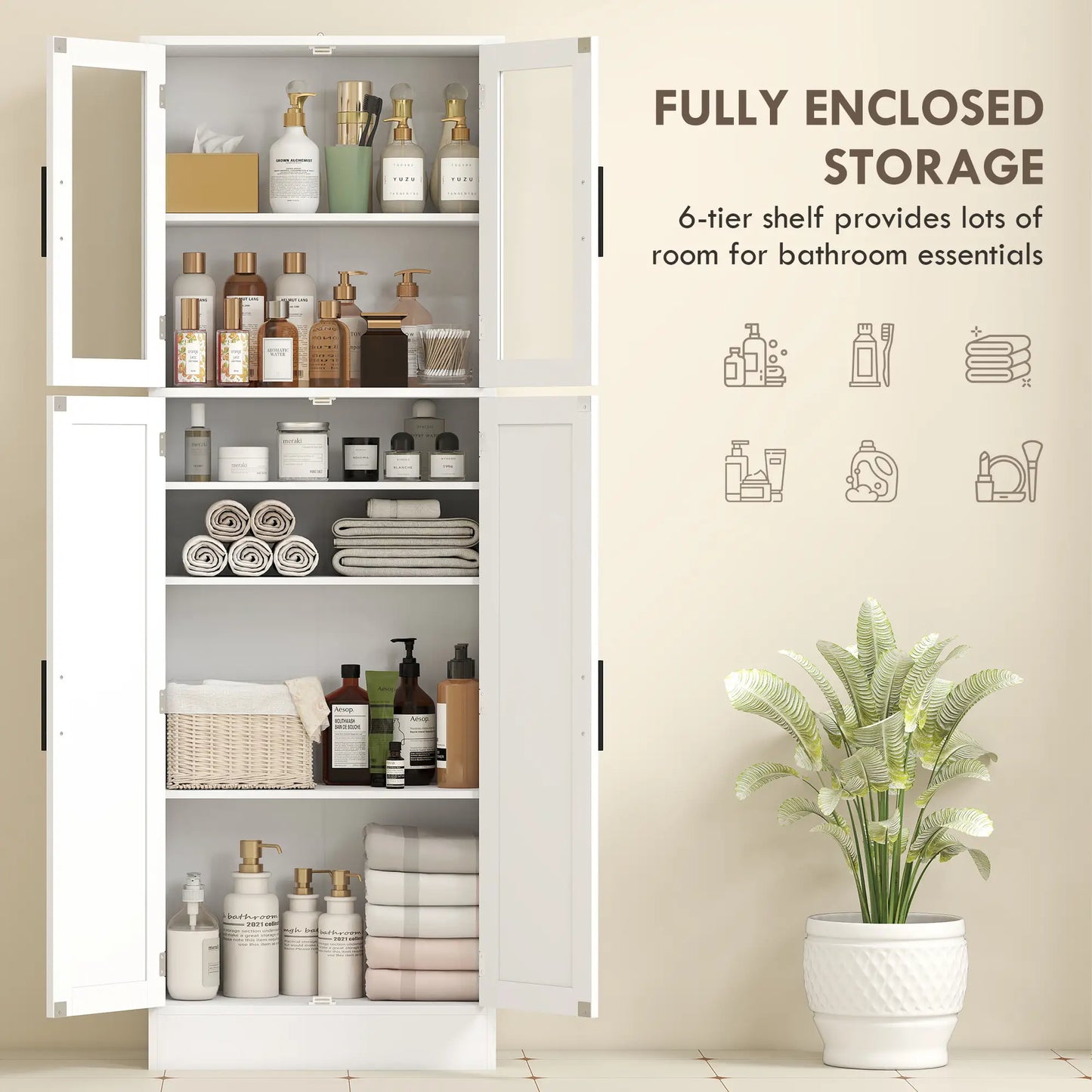 Tall Bathroom Cabinet, Glass Doors, Adjustable Shelves, White Freestanding Bathroom Cabinets at Gallery Canada