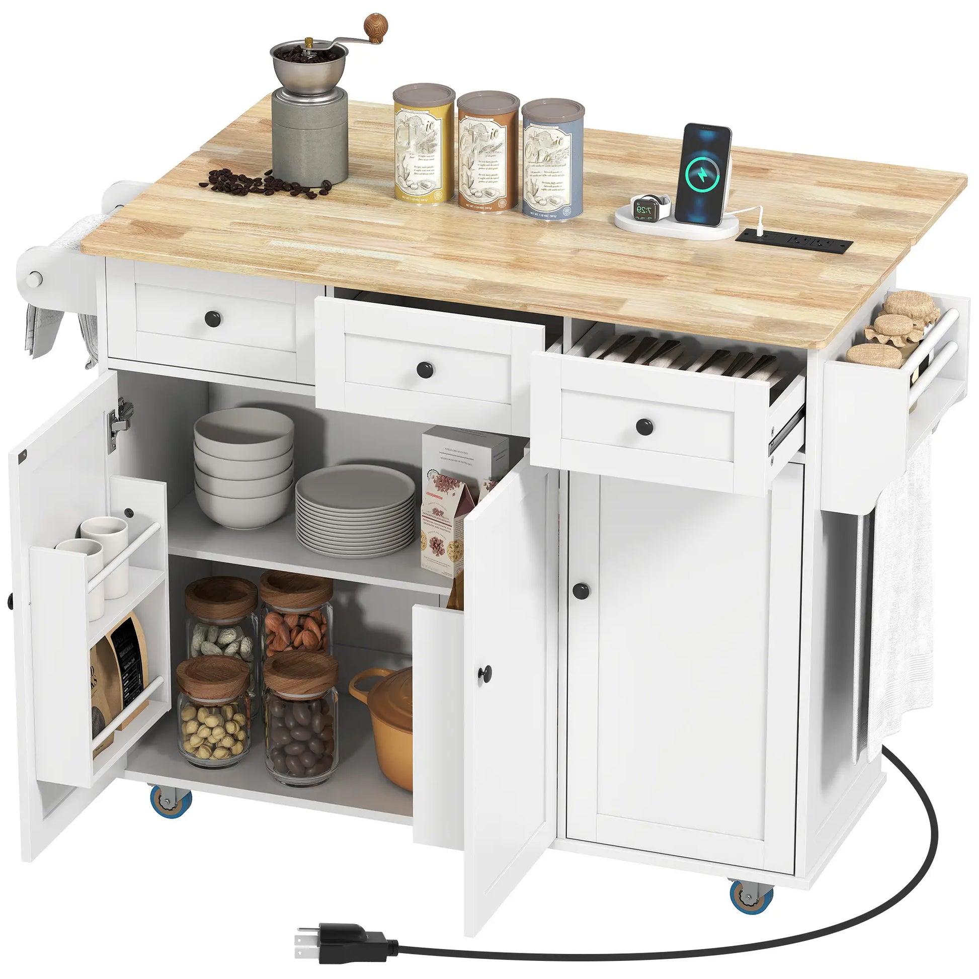 Kitchen Island on Wheels, Drop Leaf, Charging Station, Wood Top, Adjustable Shelf, White Kitchen Islands & Kitchen Carts at Gallery Canada