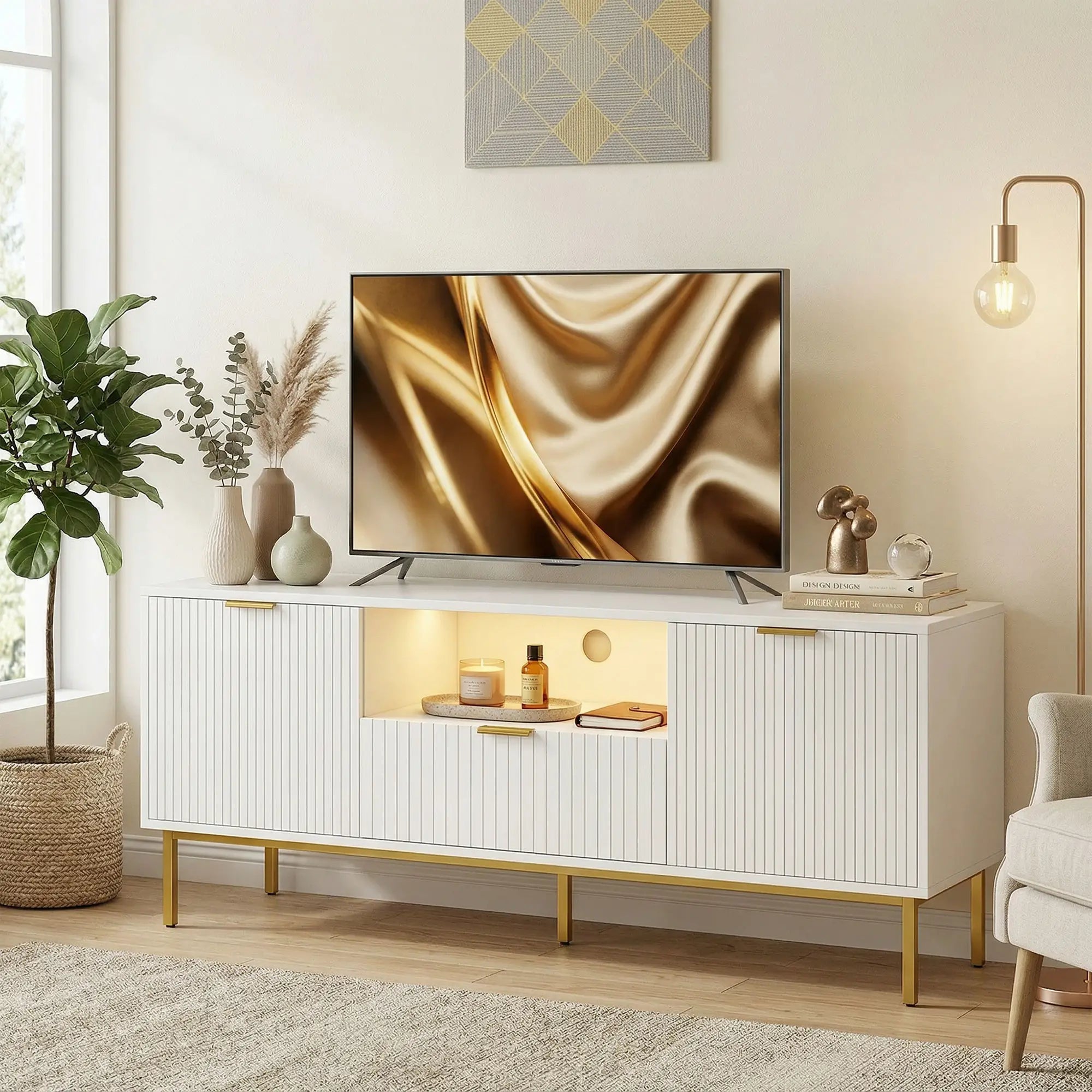 TV Console For 50 Inch TVs, Smart RGB LED Lights, Soft Close Doors, White TV Stands at Gallery Canada