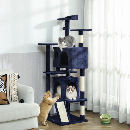 63" Cat Tree, Multi-Level Tower, Scratching Posts, Condos, Bed, Dark Blue