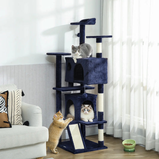 63" Cat Tree, Multi-Level Tower, Scratching Posts, Condos, Bed, Dark Blue