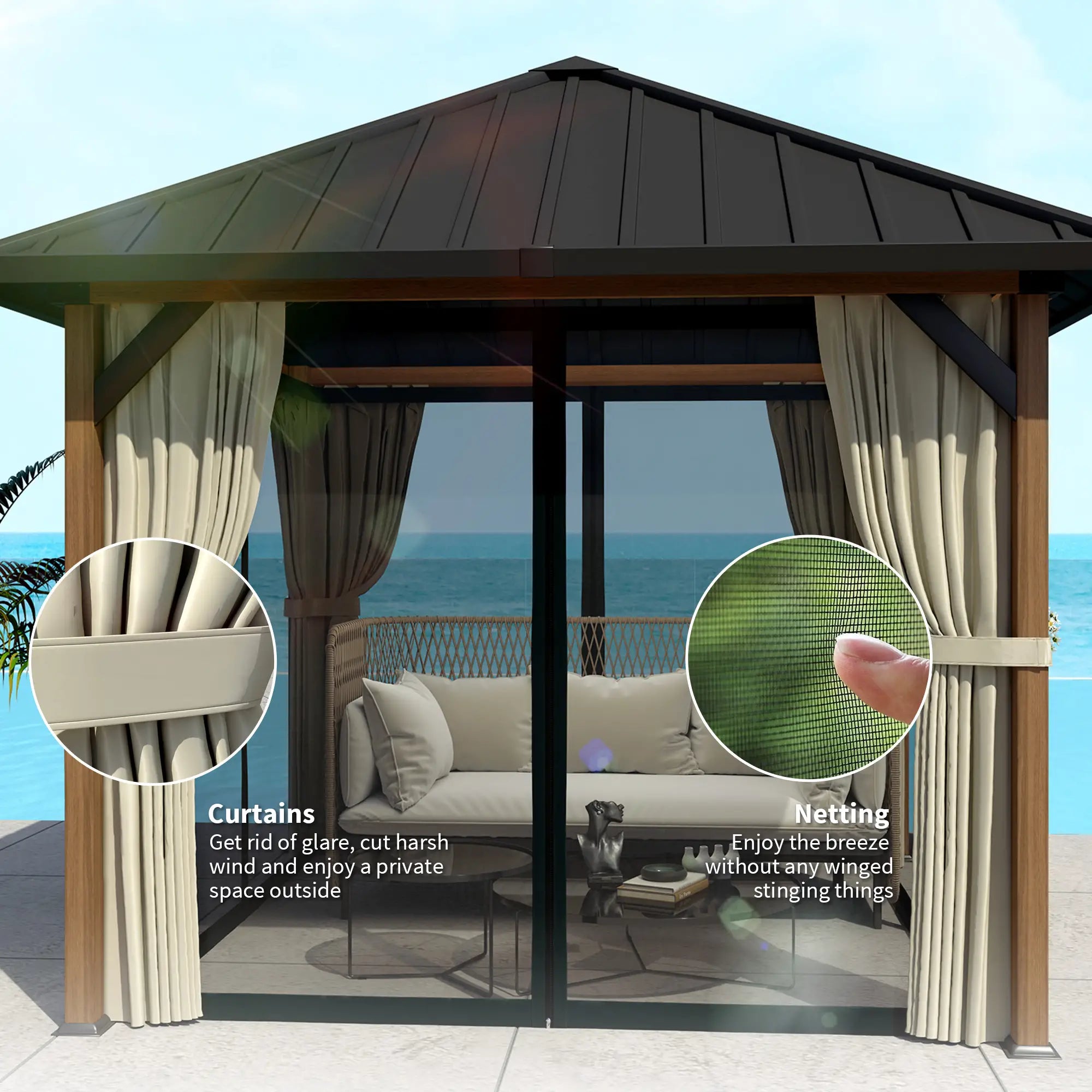 10' x 10' Hardtop Gazebo, Galvanized Steel Roof, Netting, Curtains Gazebos at Gallery Canada