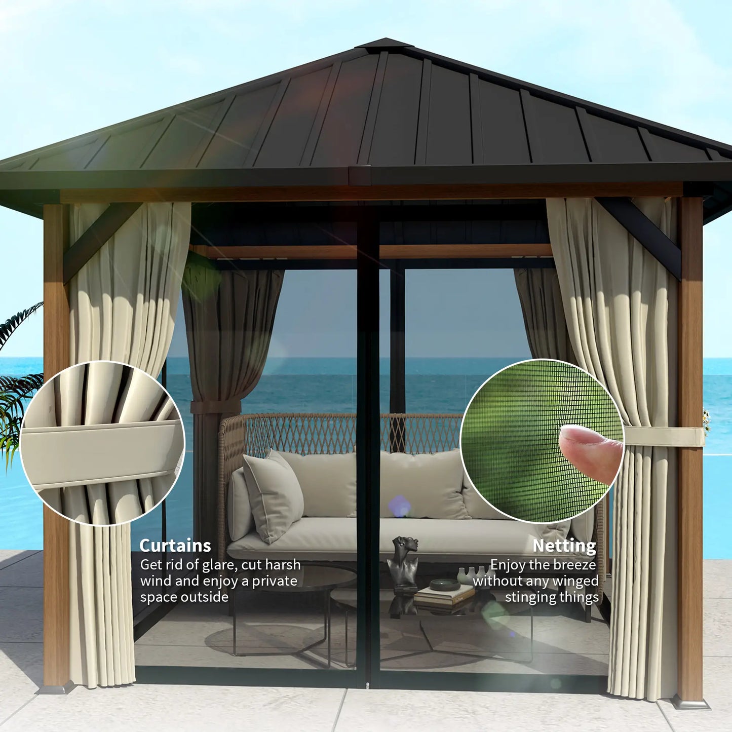 10' x 10' Hardtop Gazebo, Galvanized Steel Roof, Netting, Curtains Gazebos at Gallery Canada