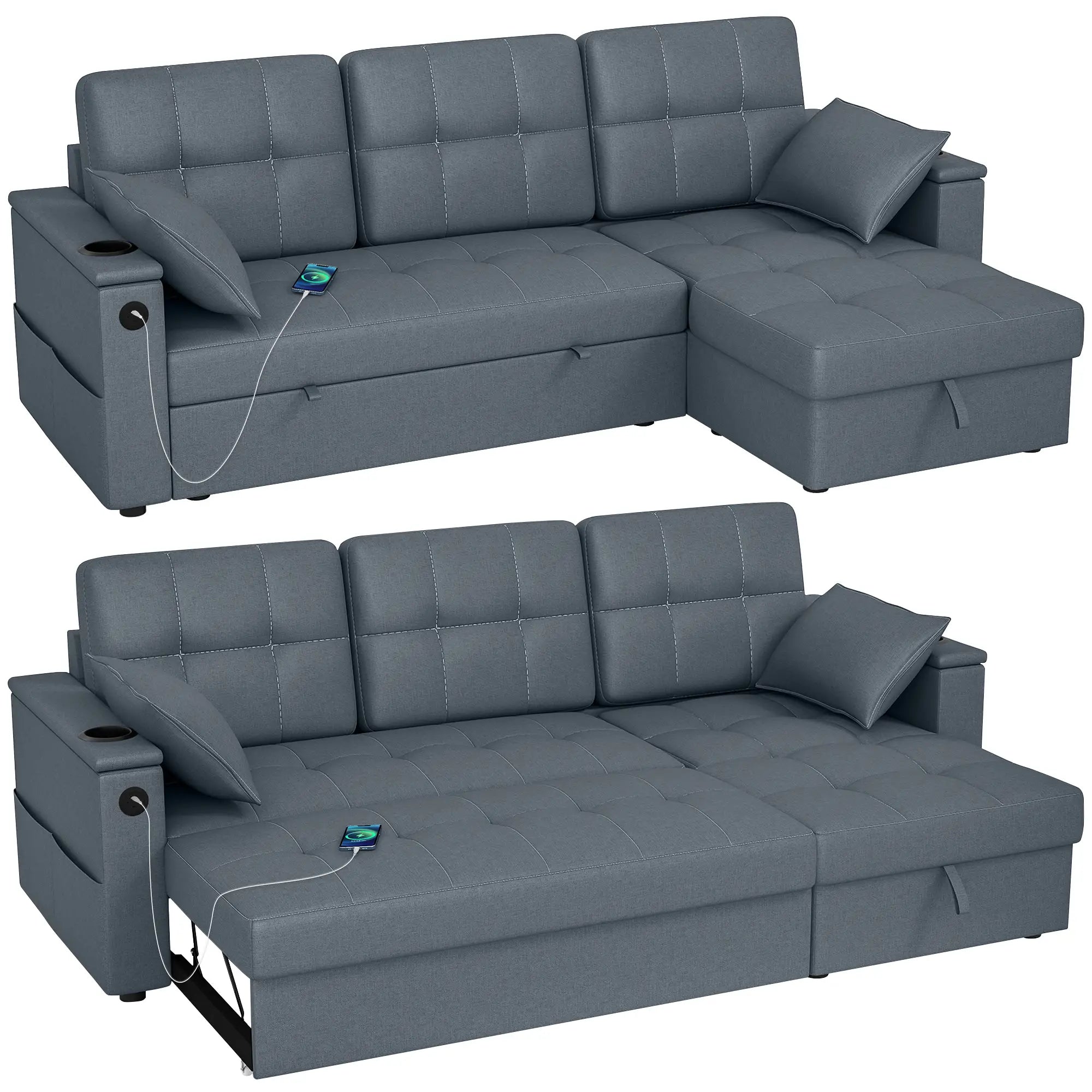 Convertible Sectional Sofa Bed, Pull Out Sleeper, Chaise Storage, Dark Grey Sofas & Reclining Chairs at Gallery Canada