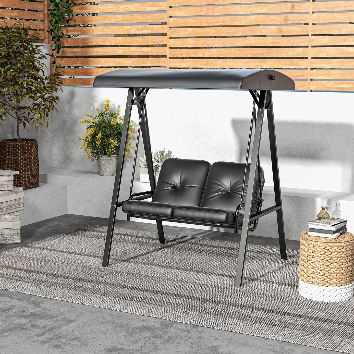 2-Seater Outdoor Porch Swing, Adjustable Canopy, Black Patio Swings with Stand at Gallery Canada