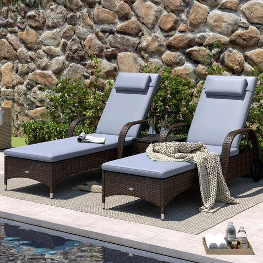 3-Piece Wicker Patio Lounger Set, PE Rattan, Brown/Grey Chaise Loungers Brown Rattan, Grey Cushion at Gallery Canada