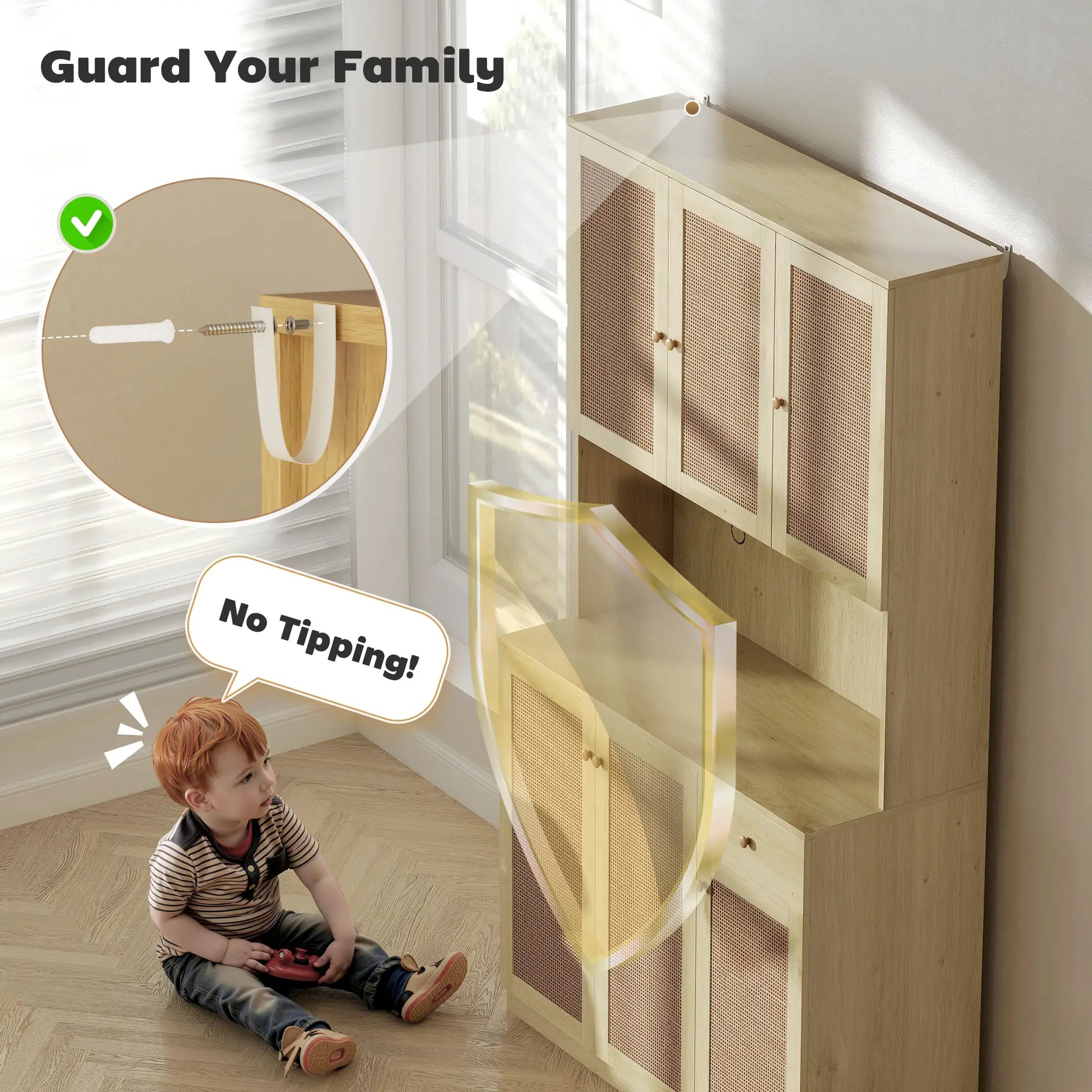 71" Kitchen Hutch with Microwave Countertop, Boho Pantry Cabinet, Rattan Doors, Natural Kitchen Pantry Cabinets at Gallery Canada