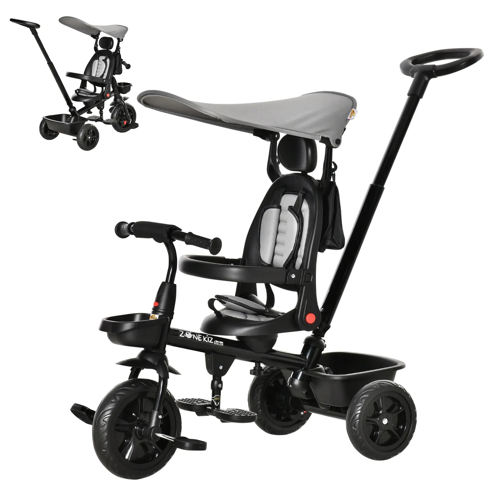 Kids Tricycle, 4 In 1 Trike, Adjustable Seat, Removable Canopy, Grey Tricycles for Kids at Gallery Canada