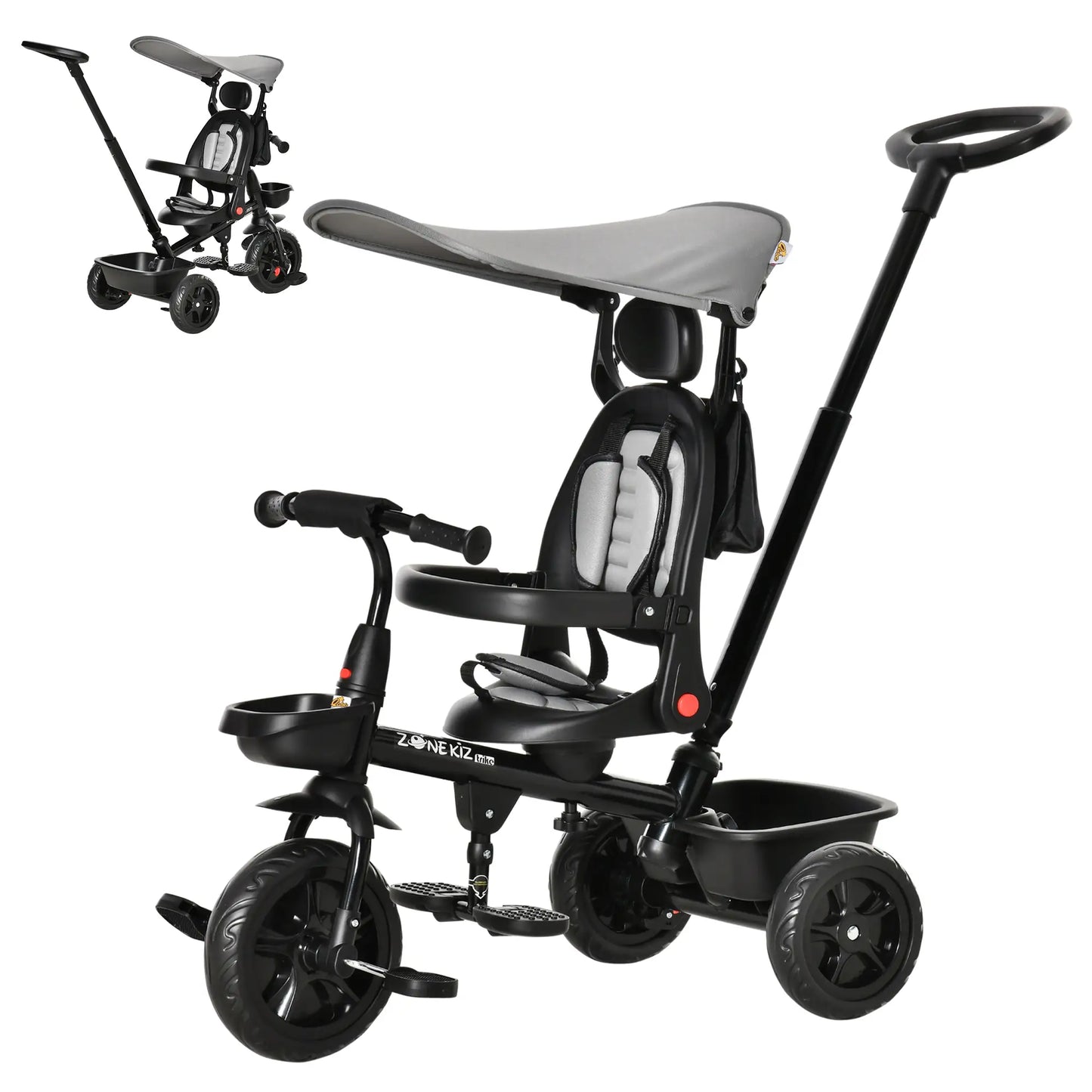 Kids Tricycle, 4 In 1 Trike, Adjustable Seat, Removable Canopy, Grey Tricycles for Kids at Gallery Canada