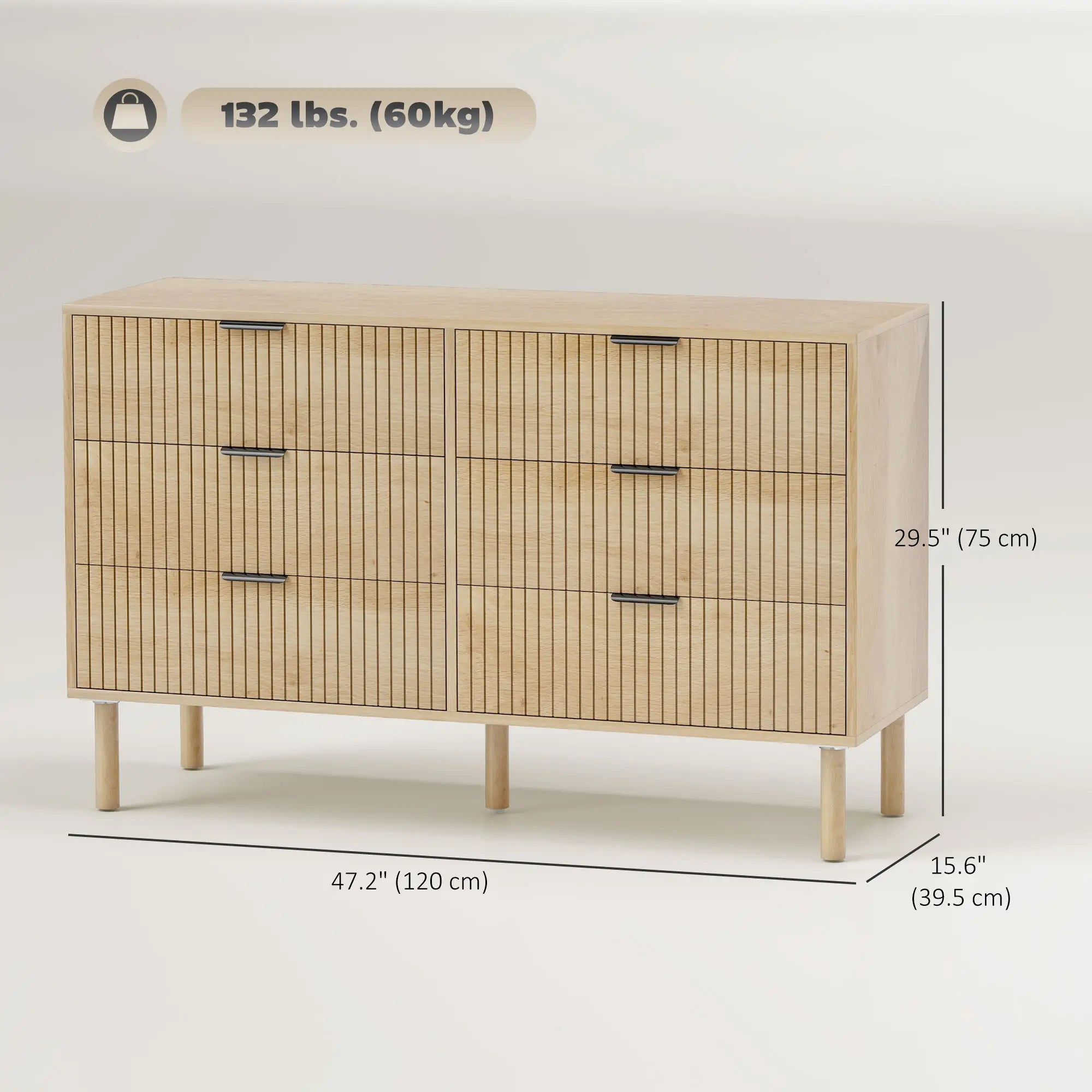 6 Drawer Dresser, Fluted Panels, Solid Wood Legs, Oak Storage Cabinets at Gallery Canada