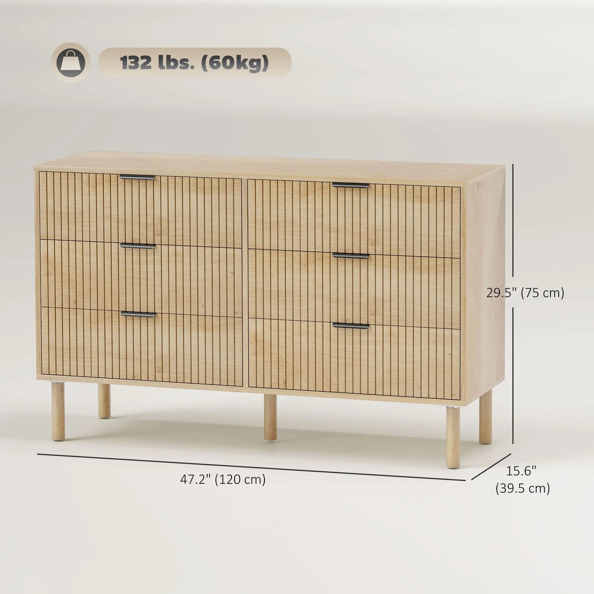 6 Drawer Dresser, Fluted Panels, Solid Wood Legs, Oak Storage Cabinets at Gallery Canada