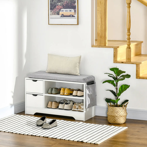 Upholstered Shoe Storage Bench With Seat, Drawer, Open Shelves, White