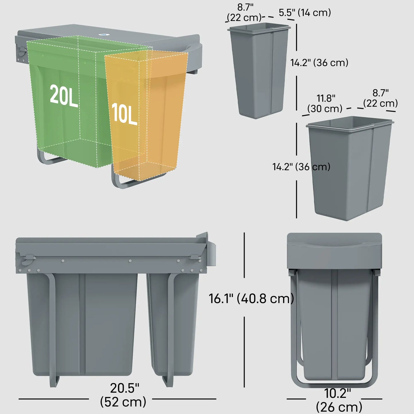Pull Out Garbage Bin for Kitchen, 30L Under Sink Garbage Can, 2 Removable Compartments, Grey Household Supplies at Gallery Canada