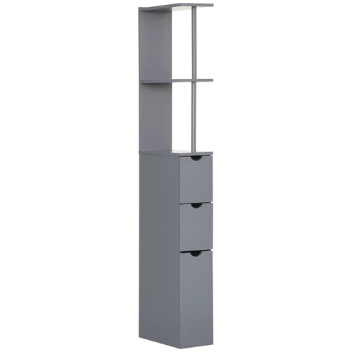 Tall Narrow Bathroom Storage Cabinet with Drawers, Open Shelves, Grey
