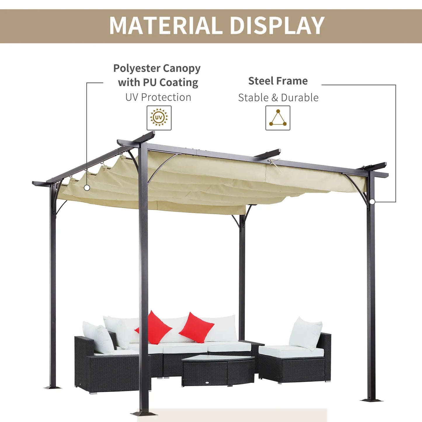 10' Outdoor Pergola Gazebo, Retractable Sun Shade, Beige Pergolas at Gallery Canada