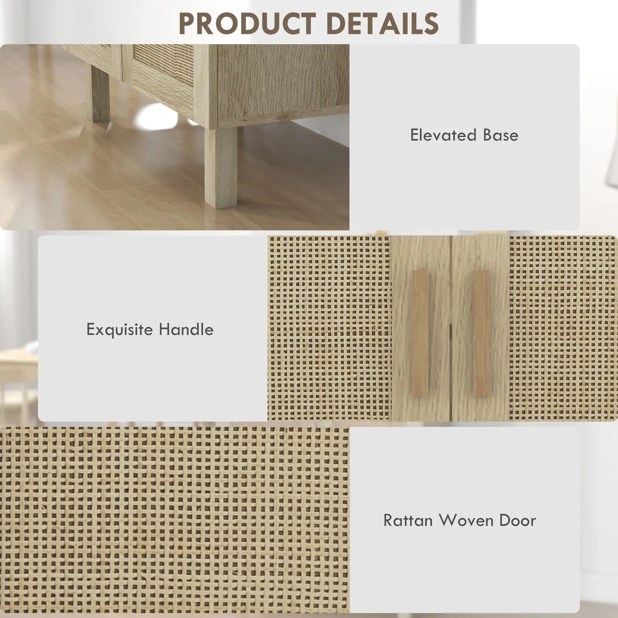 Boho Sideboard Buffet, 3 Rattan Doors, Adjustable Shelves, Natural Storage Cabinets at Gallery Canada