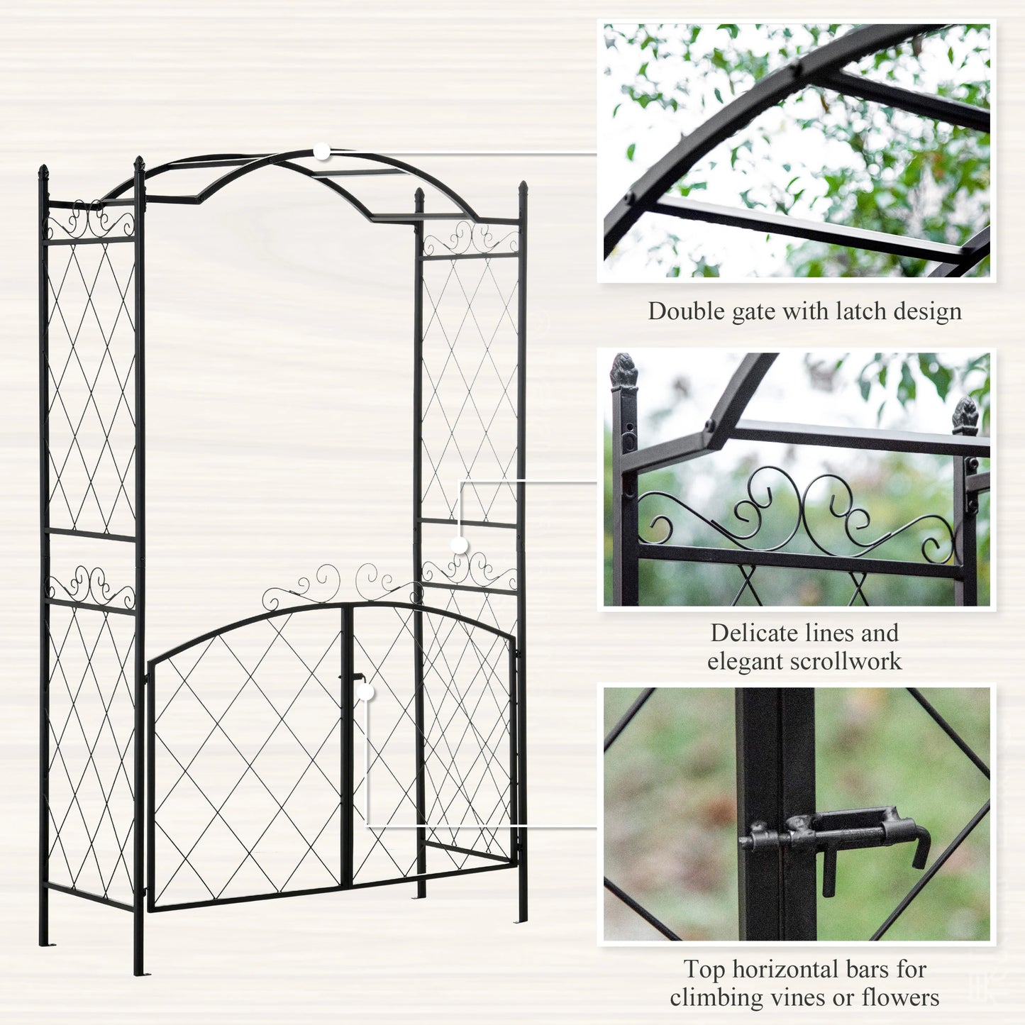7FT Metal Garden Arch with Gate, Climbing Planter Frame, Black Garden Arches at Gallery Canada