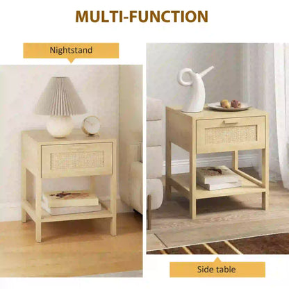 Narrow Nightstand With Rattan, Drawer And Shelf, Set Of 2, Natural Wood Bedside Tables at Gallery Canada