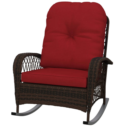 Outdoor Wicker Rattan Rocking Chair, Thick Cushions, Garden Backyard Porch, Red