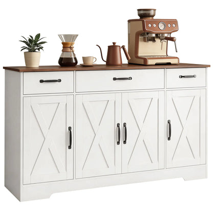 55" White Sideboard Buffet Cabinet, Farmhouse Kitchen With Barn Doors, White Bar Cabinets at Gallery Canada