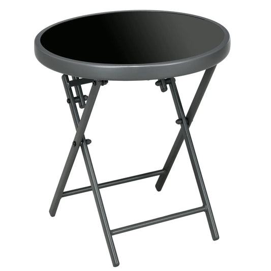 18" Outdoor Round Folding Table, Tempered Glass Top, Black Patio Side Tables Dark Grey, Black at Gallery Canada
