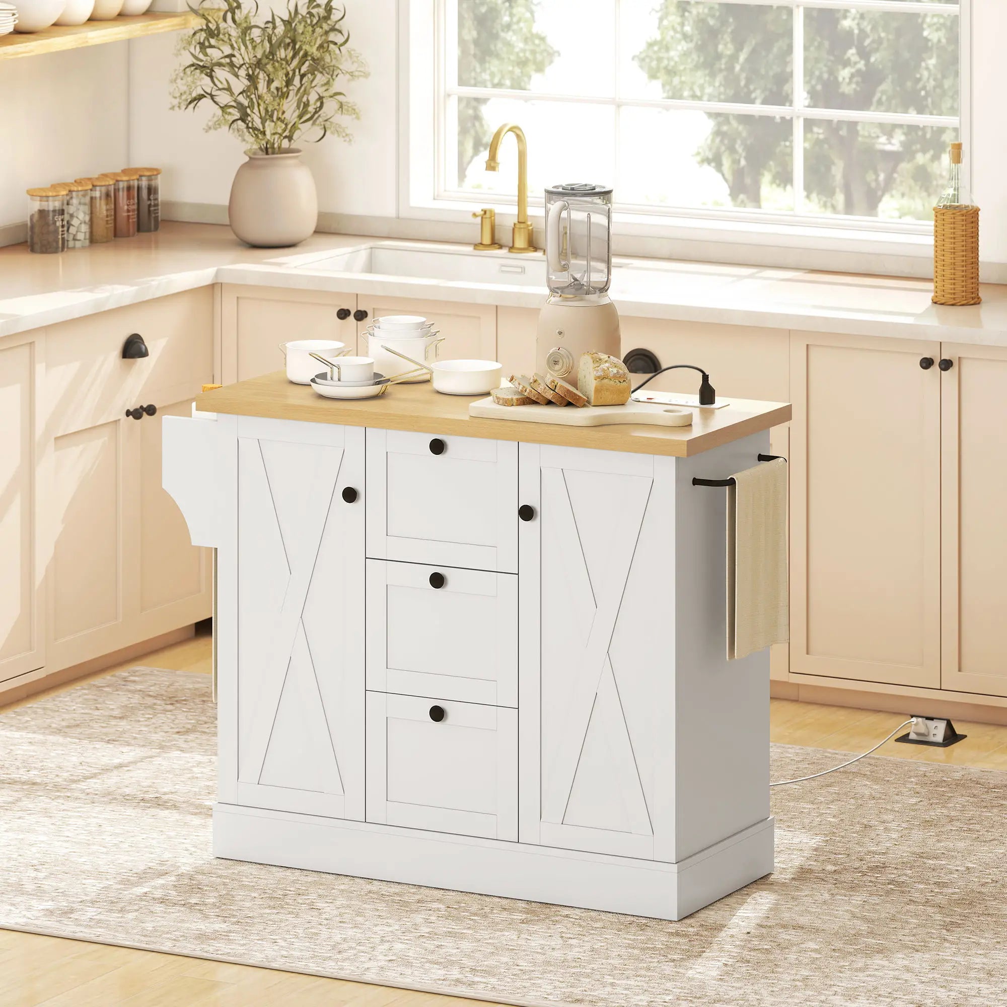 Farmhouse Kitchen Island Cart with Power Outlet, 49 Inch, White Kitchen Islands & Kitchen Carts at Gallery Canada