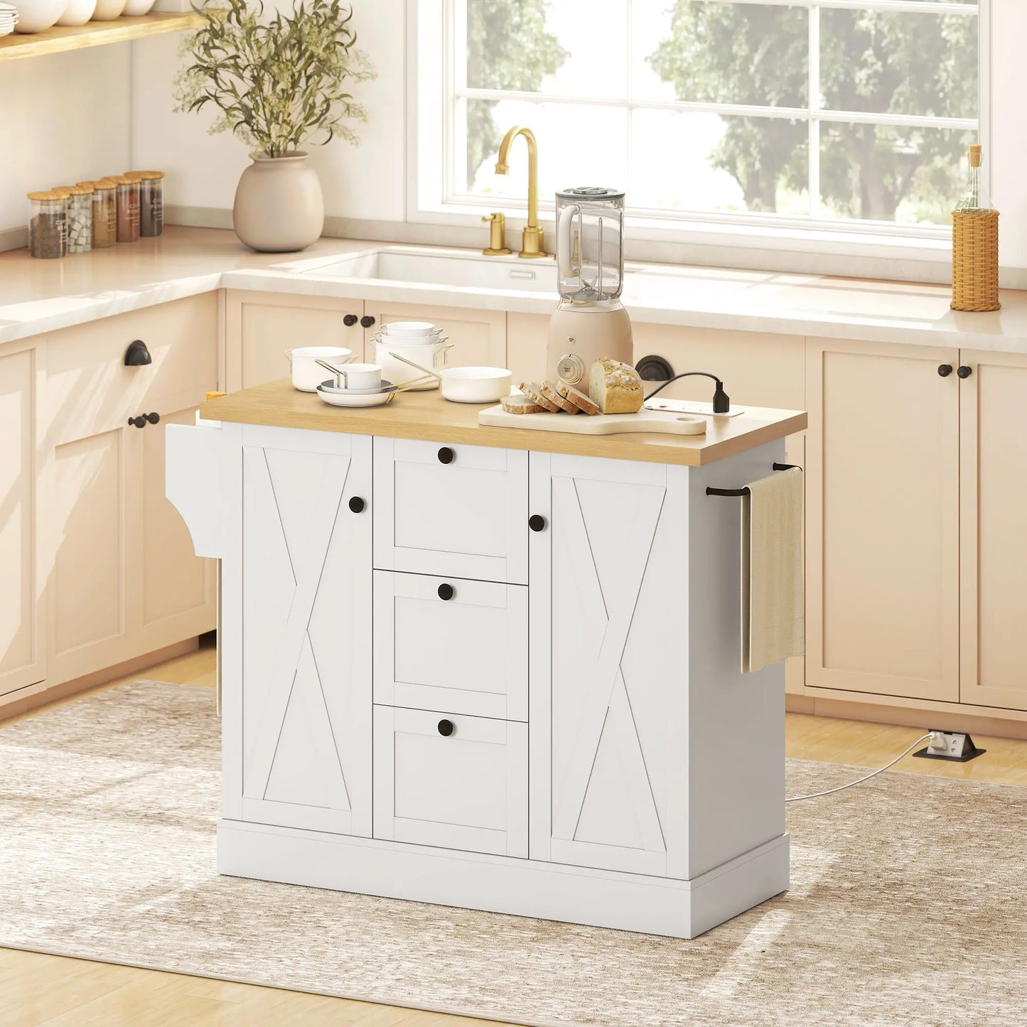Farmhouse Kitchen Island Cart with Power Outlet, 49 Inch, White Kitchen Islands & Kitchen Carts at Gallery Canada