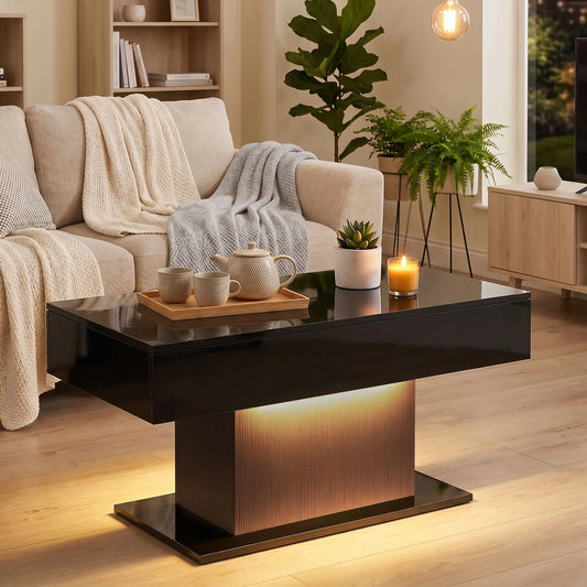LED Coffee Table with Storage, High Gloss Modern Center Table with 2 Drawers and Remote Control for Living Room, Black Coffee Tables Black, High Gloss Black at Gallery Canada