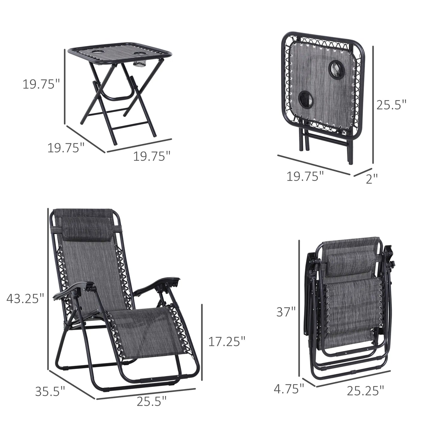 Zero Gravity Chair Set of 2, Patio Chair with Side Table, Dark Grey Lounger Chairs at Gallery Canada