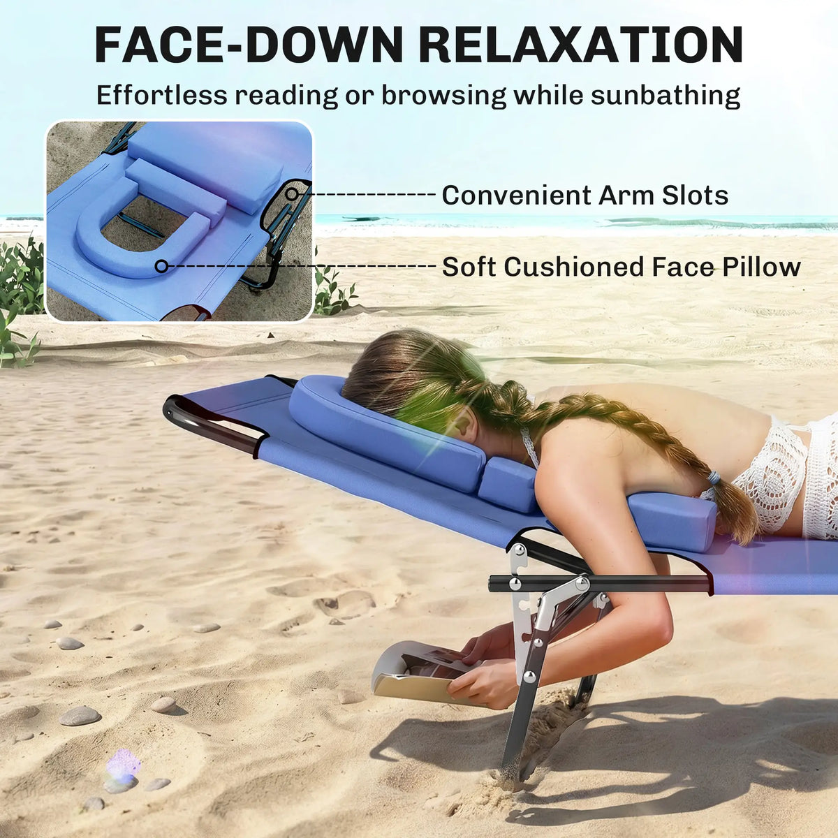 Adjustable Outdoor Lounge Chair, Folding Chaise with Face Hole, Blue