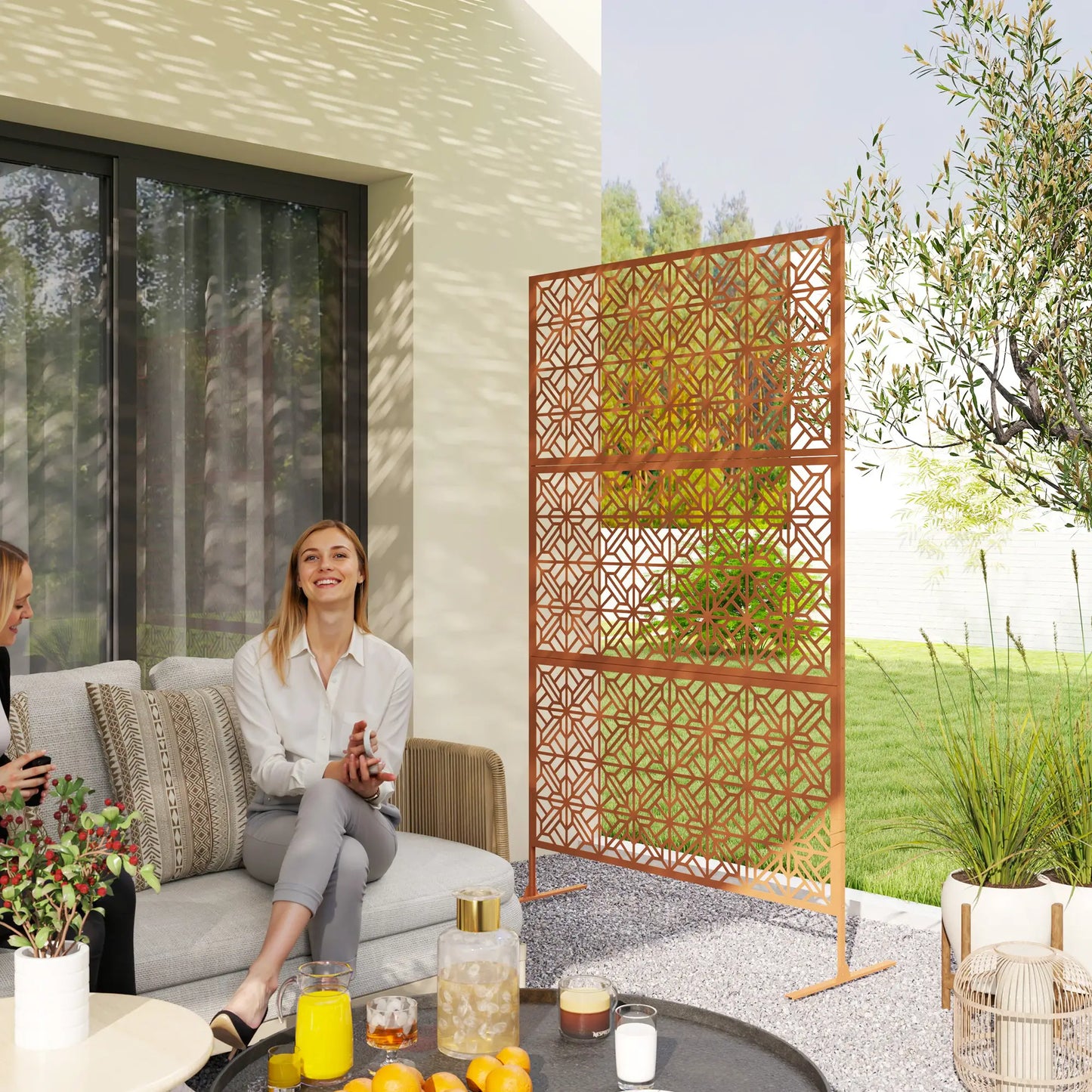 Outdoor Privacy Panel, Freestanding Metal Divider, Garden, Backyard, Deck, Brown Side Awnings Brown at Gallery Canada