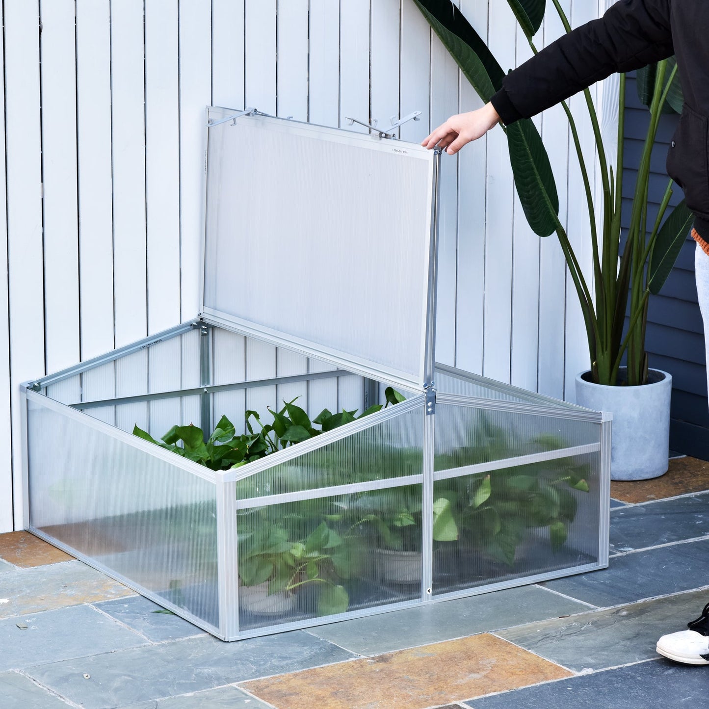 Aluminium Cold Frame Greenhouse Garden Portable Raised Planter with Openable Top for Indoor, Outdoor, Flowers, Vegetables, Plants, 39" x 39" x 19" - Gallery Canada